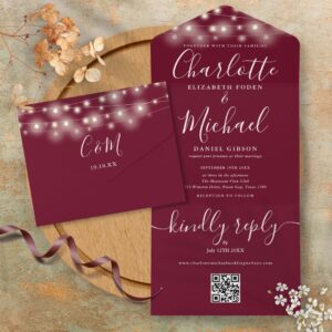 Burgundy String Lights QR Code Monogram Wedding All In One Invitation