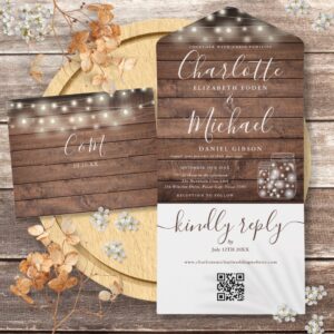 Rustic Wood QR Code Mason Jars Lights Wedding All In One Invitation