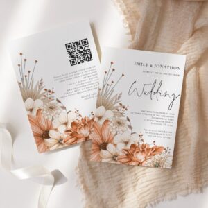 Modern Autumn Florals Script QR Code Wedding Invitation