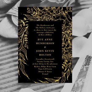 Elegant Onyx Black Tuxedo Gold Wreath Wedding Foil Invitation