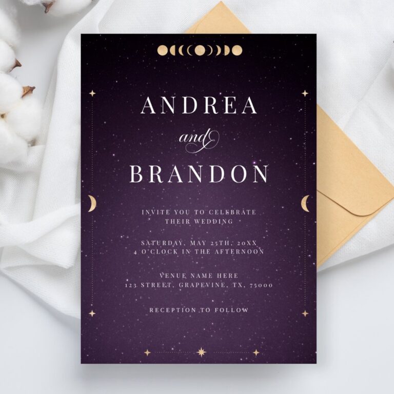 Gold Celestial Universe Purple All in One Wedding Invitation