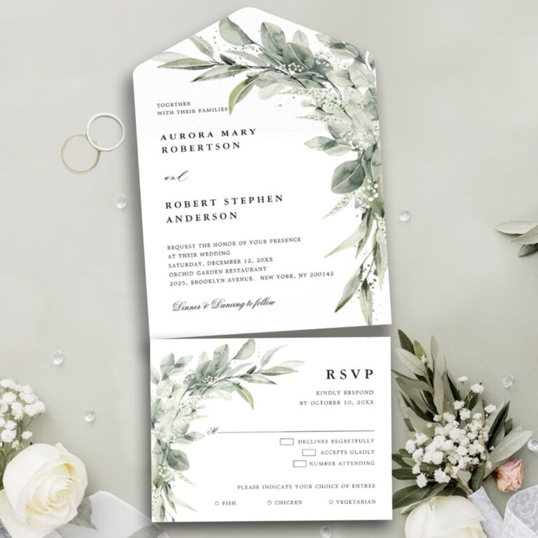 Sage Green Eucalyptus Minimalist Botanical Wedding All In One Invitation