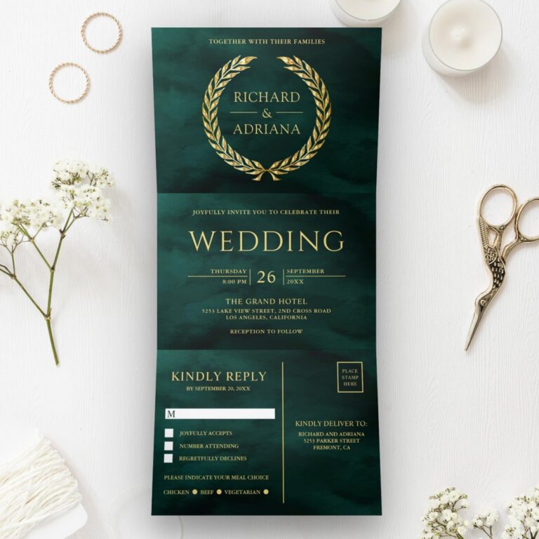 Emerald Gold Laurel Minimal All in One Wedding Tri-Fold Invitation