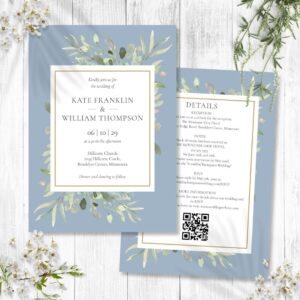 Dusty Blue Greenery All In One QR Code Wedding Invitation