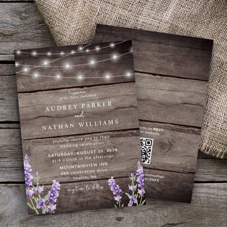 Rustic String Lights Lavender QR Code Wedding Invitation