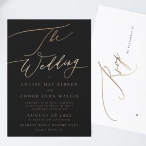 Black Elegant Simple Gold | Rsvp on back Wedding Invitation