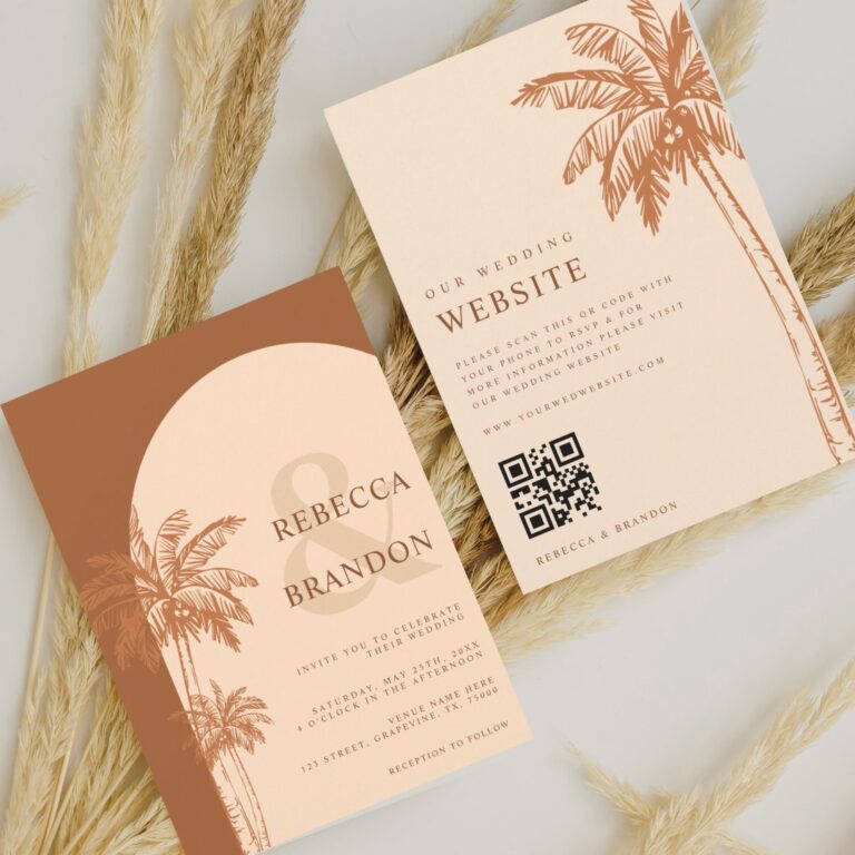 Palm Tree Boho Beach Terracotta QR Code Wedding Invitation