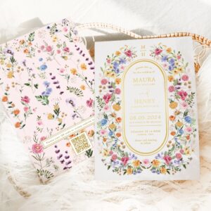 Colorful Spring Wildflower Garden QR Code Wedding Foil Invitation