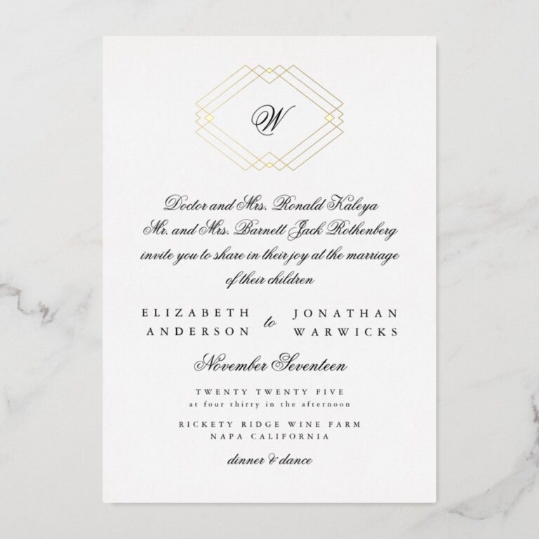 Classic Calligraphy Monogram Gold Deco Wedding Foil Invitation