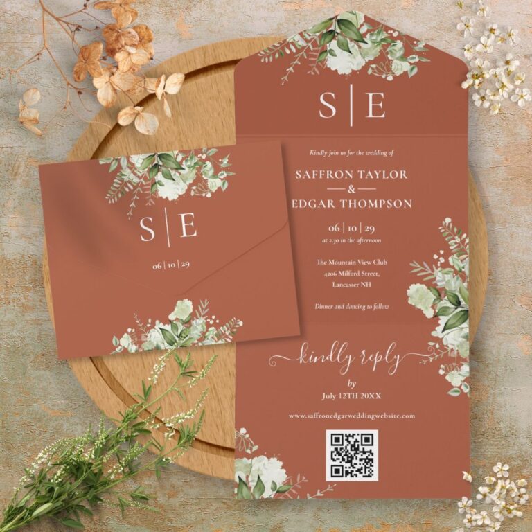 Monogram QR Code Greenery Terracotta Wedding All In One Invitation