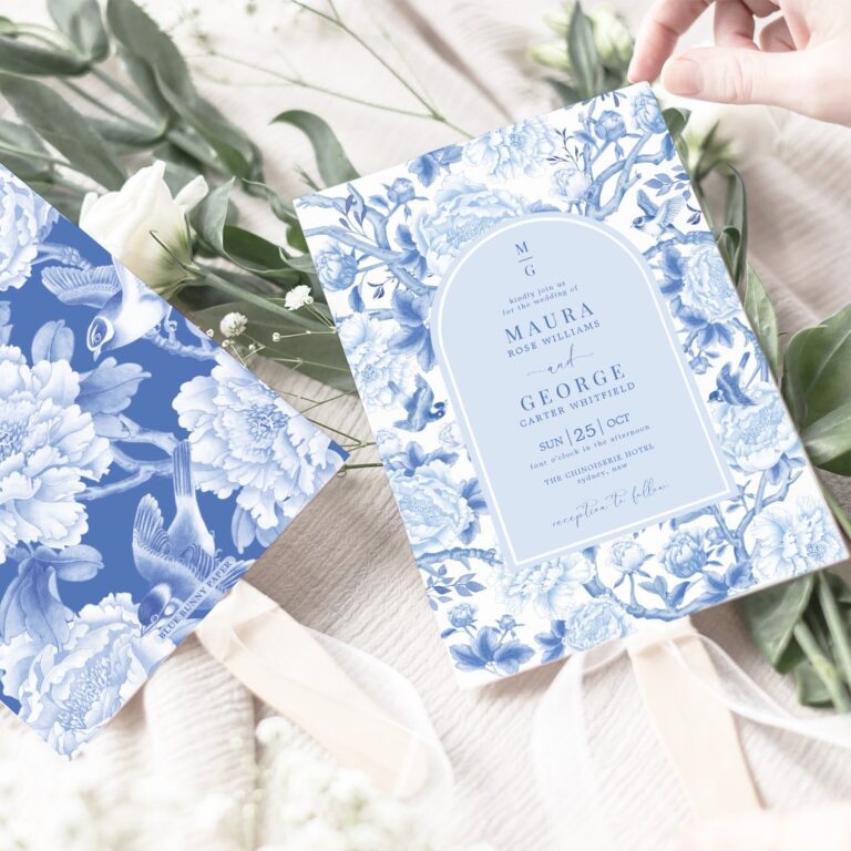 Blue White Birds Peony Chinoiserie Garden Wedding Invitation