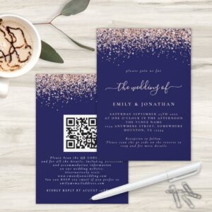 Glam Rose Gold Glitter QR Code Navy Blush Wedding Invitation