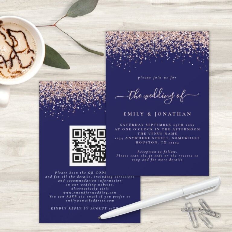 Glam Rose Gold Glitter QR Code Navy Blush Wedding Invitation