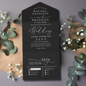 Modern Minimalist Elegant White Black Wedding All In One Invitation