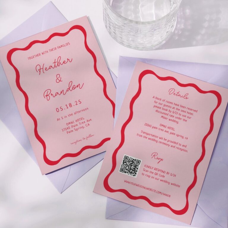 Retro Pink and Red Wave Wedding QR Invitations