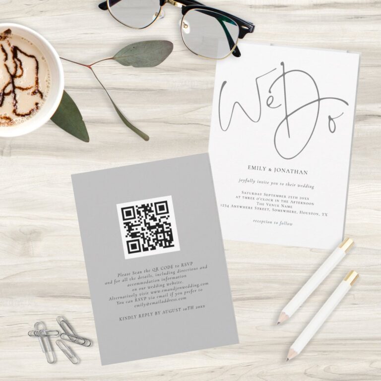 We Do Script QR Code Minimalist Gray Wedding Invitation