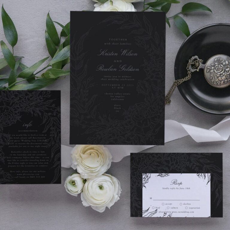 Editable Black on Black Floral Wreath Wedding Invitation