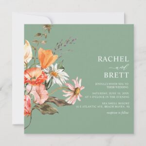 Watercolor Green Coral Pink Floral Wedding Invitation