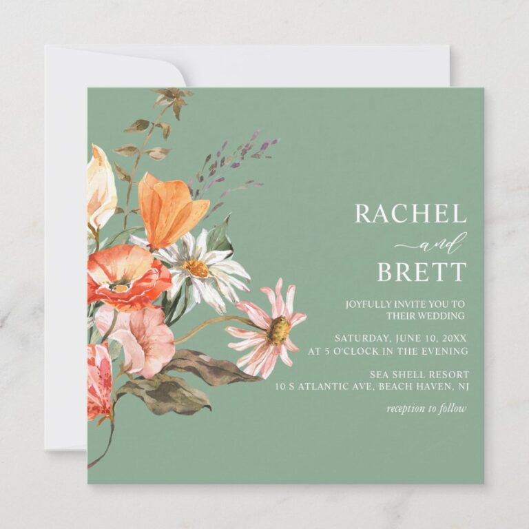 Watercolor Green Coral Pink Floral Wedding Invitation