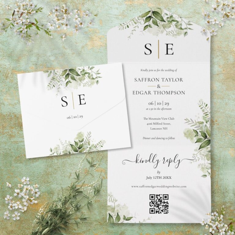 Gold Black Monogram QR Code Greenery Wedding All In One Invitation