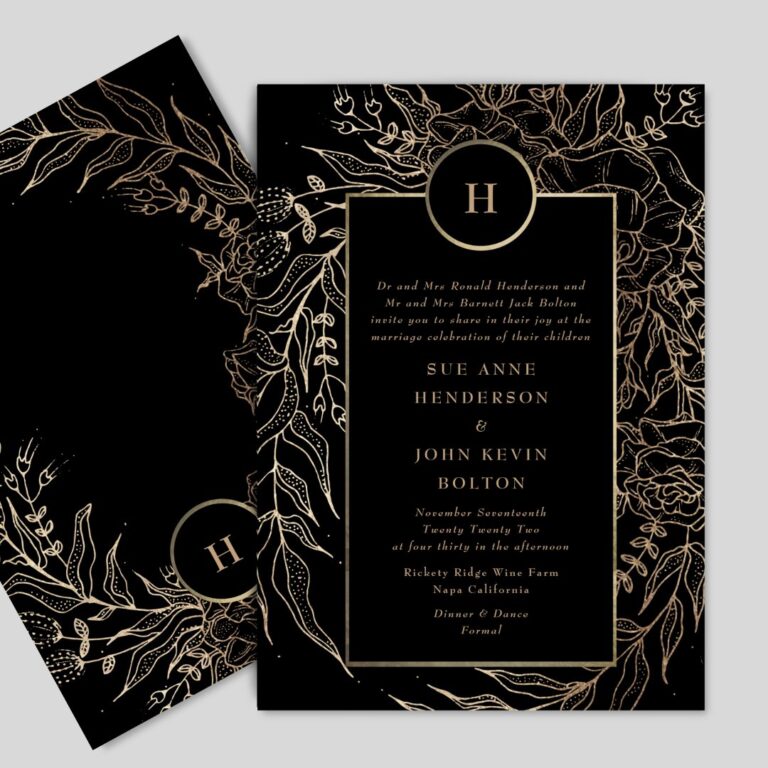 Premium Black Gold Monogram Wreath Wedding Invitation