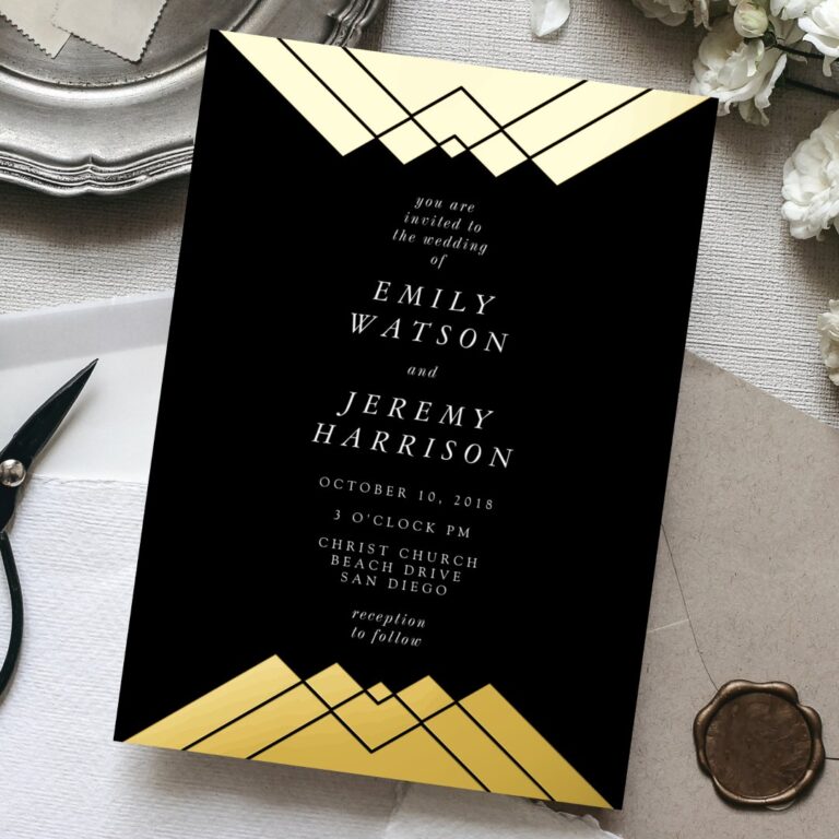 Geometric Black Gold Gatsby Wedding Pressed Foil Invitation