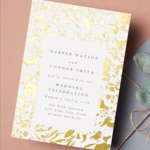 Pressed Gold Leaf Wildflowers Wedding Frame Foil Invitation