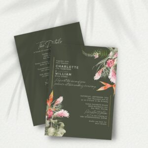 Tropical Floral Green RSVP QR Code Wedding Gold Foil Invitation