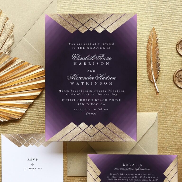 Geo Purple Gold Gatsby Calligraphy Wedding Invitation