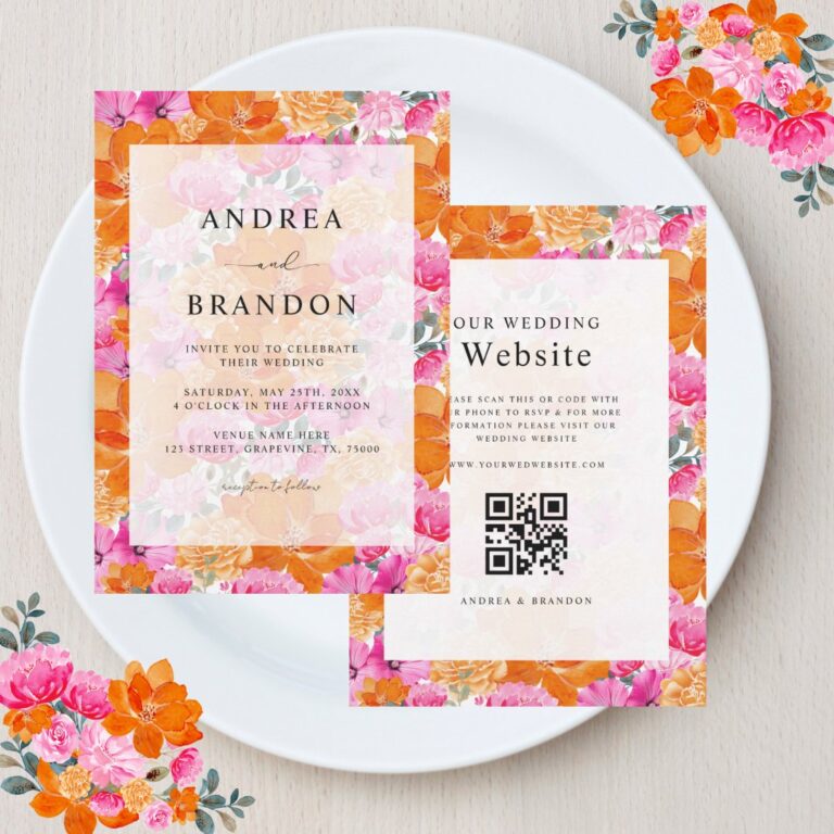 Vibrant Pink and Orange Watercolor Floral Wedding Invitation