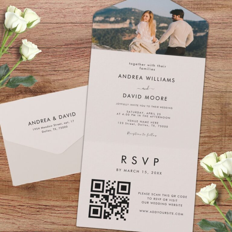 Modern Minimalist Ivory Photo QR Code Chic Wedding All In One Invitation