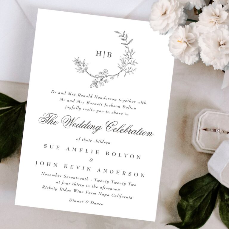 Classic Floral Wreath Double Monogram Wedding Invitation