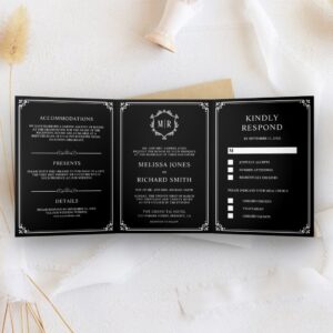 Elegant Classic Black Monogram Wedding Tri-Fold Invitation