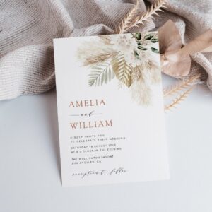 modern boho greenery pampas grass QR code wedding Invitation