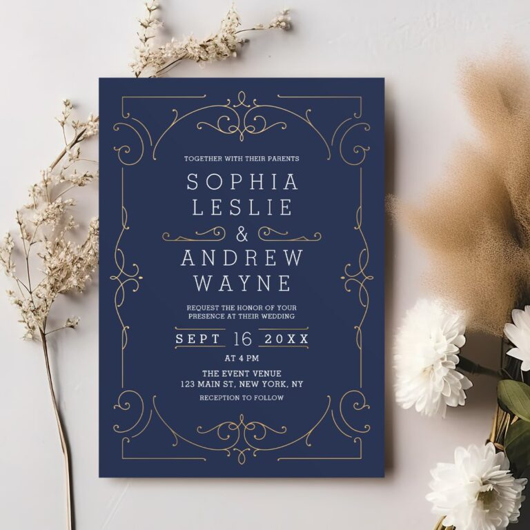 Navy elegant modern classic vintage wedding invitation