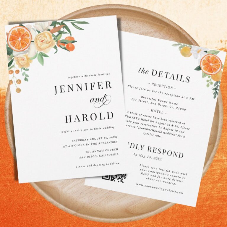 Orange Citrus Floral Minimal All in One Wedding Invitation