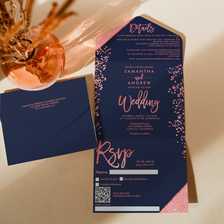 Coral glitter confetti navy blue wedding all in one invitation