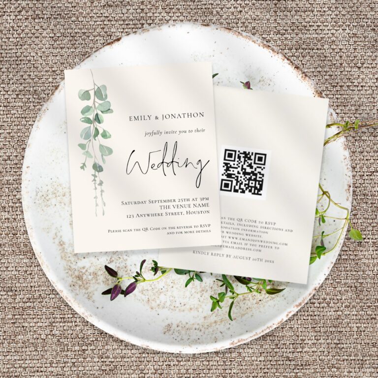 Budget QR Sage Eucalyptus Cream Wedding Invite