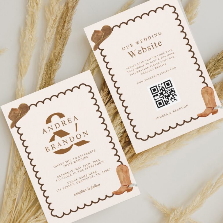 Boho Western Ampersand Wavy Frame Qr Code Wedding Invitation