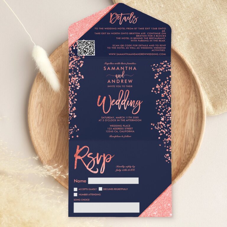 Coral glitter confetti navy blue wedding all in one invitation