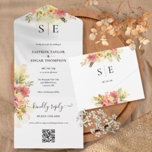 QR Code Watercolor Floral Monogram Wedding All In One Invitation