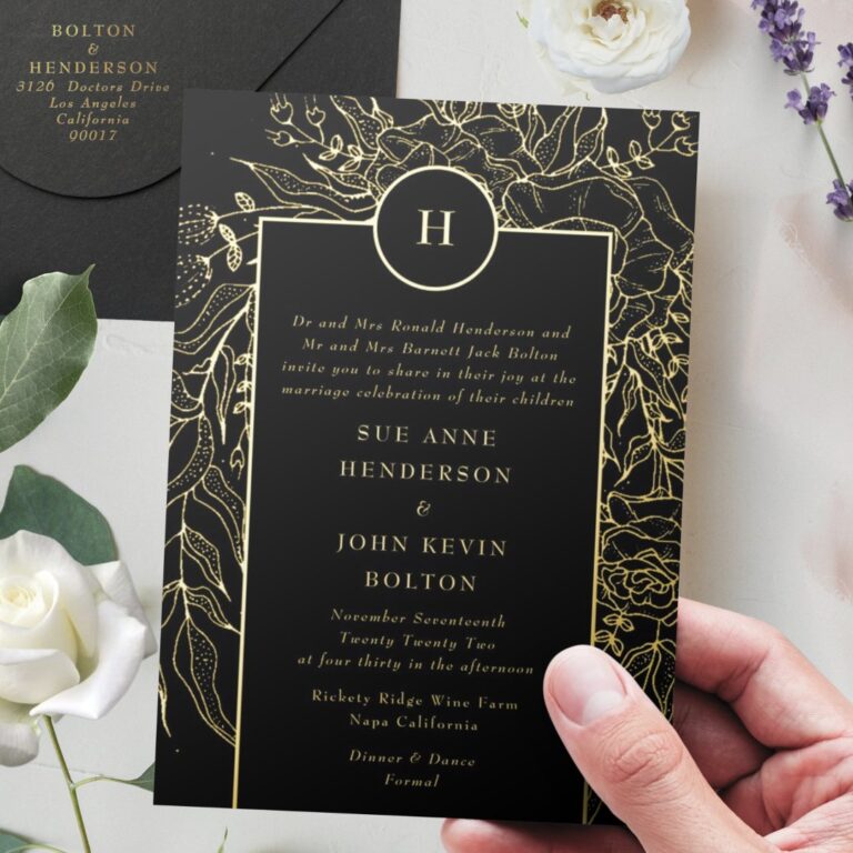 Monogram Editable Black Tuxedo Gold Wreath Wedding Foil Invitation