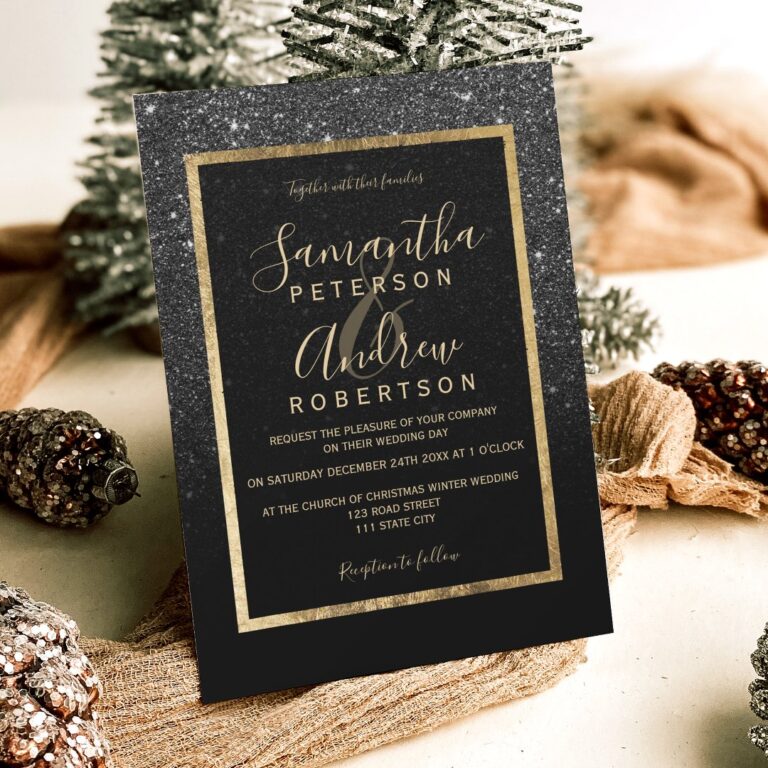 Black glitter gold typography chic winter wedding invitation