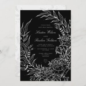 Black Romantic Flower White Wreath White Wedding Invitation