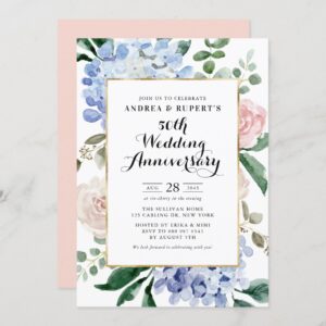 Roses and Blue Hydrangeas 50th Wedding Anniversary Invitation