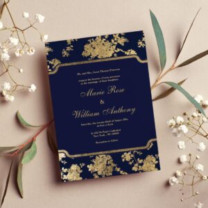 Elegant chic navy blue faux gold floral Wedding Invitation