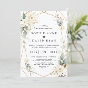 Watercolour Greenery White Floral Gold Wedding Invitation