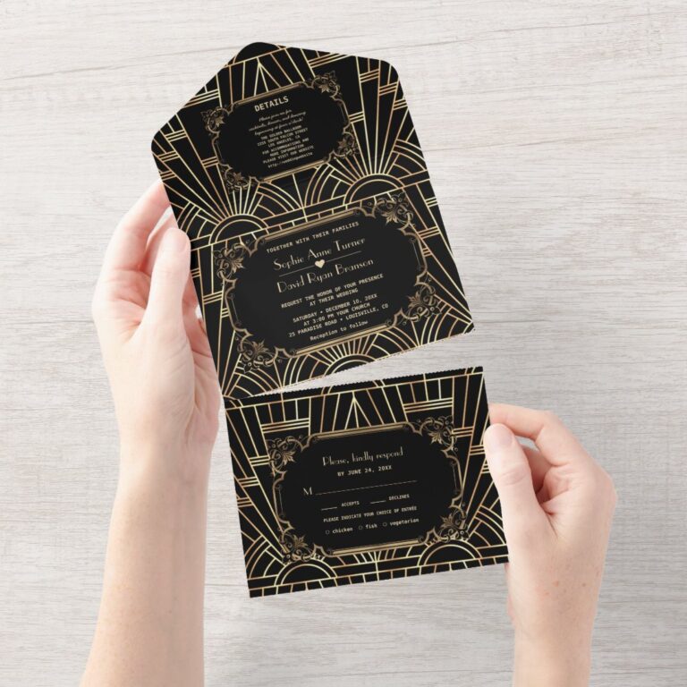 Glam Gold Black Great Gatsby Art Deco Wedding All In One Invitation