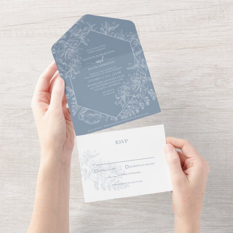 Dusty Blue White Botanical Wedding All In One Invitation