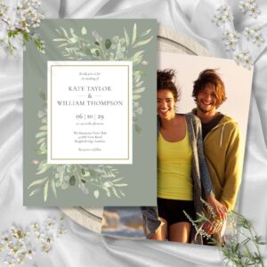 Watercolor Greenery Sage Green Photo Wedding Invitation